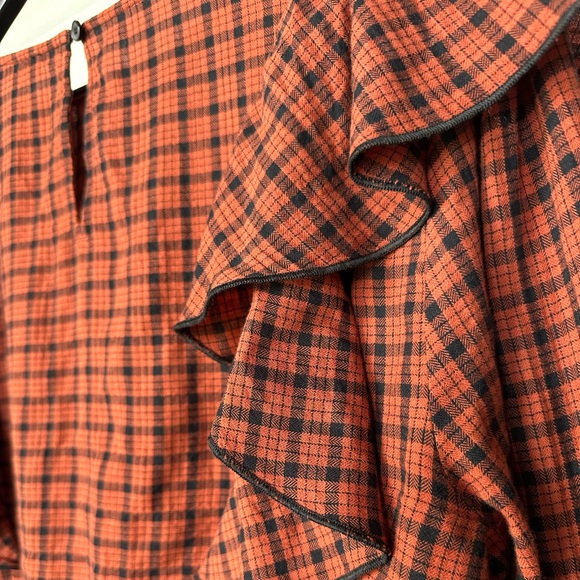 MADEWELL• Long Sleeve Rust plaid ruffle top - Picture 5 of 7